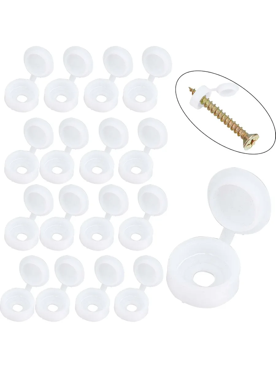 1 Box 200Pcs White Fold Screws Snap Covers Plastic Hinged Cover Caps Shutter Screw Caps Washer Flip Tops Waterproof Furniture