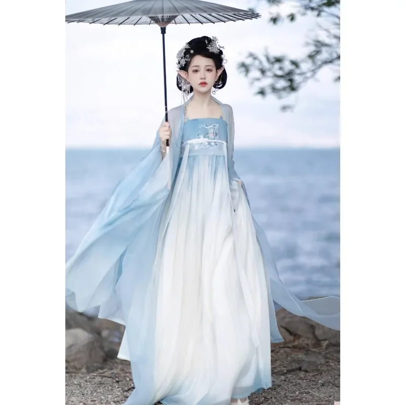 

Tang Dynasty Blue Double Layer Robe Floral Suspender Dress Hanfu with Pibo Women's Summer Dress Chinese Traditional Fairy Dress