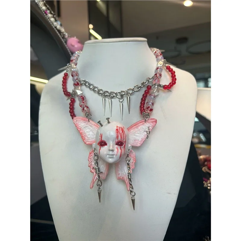 2025 New Punk Necklace Leather Choker Cross Metal Chain Rivet Human Face Dark Trendy Cool Neck Accessories for Women Men Jewelry