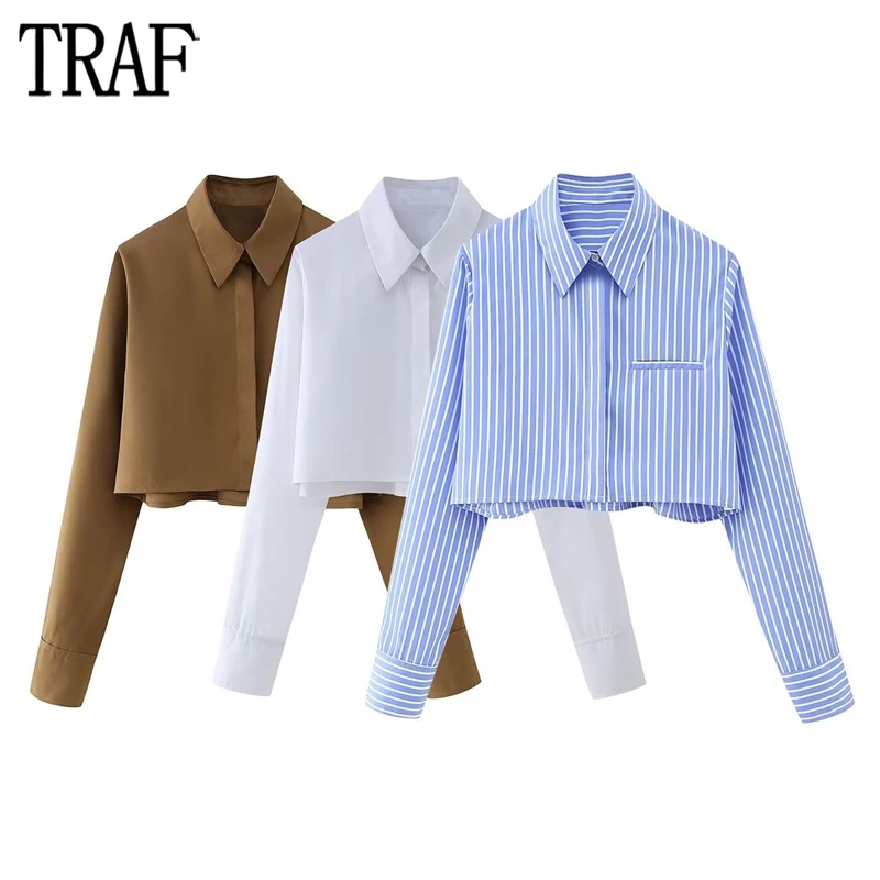 TRAF Cropped White Shirt Woman Pocket Button Up Shirt Women Long Sleeve Crop Top Female Spring Collared Shirts and Blouses Women