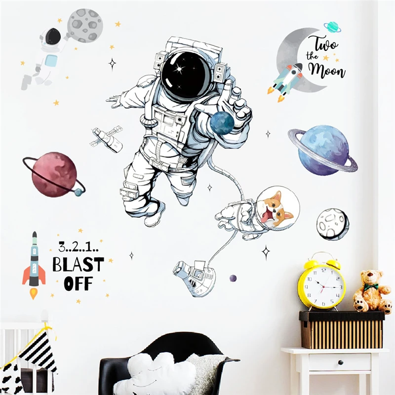 Cartoon Spaceman Dog Exploring Cosmos Wall Sticker For Kids Bedroom Home Decoration Diy Planet Star Mural Art Pvc Decals Poster