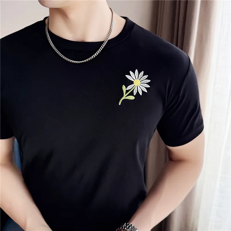 

Men's Cotton T-Shirt - Summer Slim Fit Floral Embroidered Tee | 95% Cotton Stretch Crew Neck Casual Top for Youth