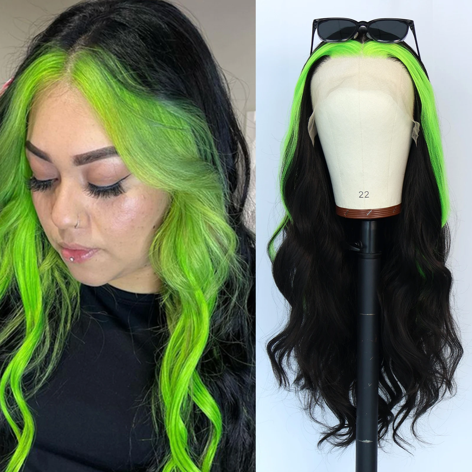 

13*3 Ombre Зеленый Объемная волна Синтетические парики фронта шнурка Мелирование Свободные волны Длинные волосы Бесплатная часть Натуральная линия волос