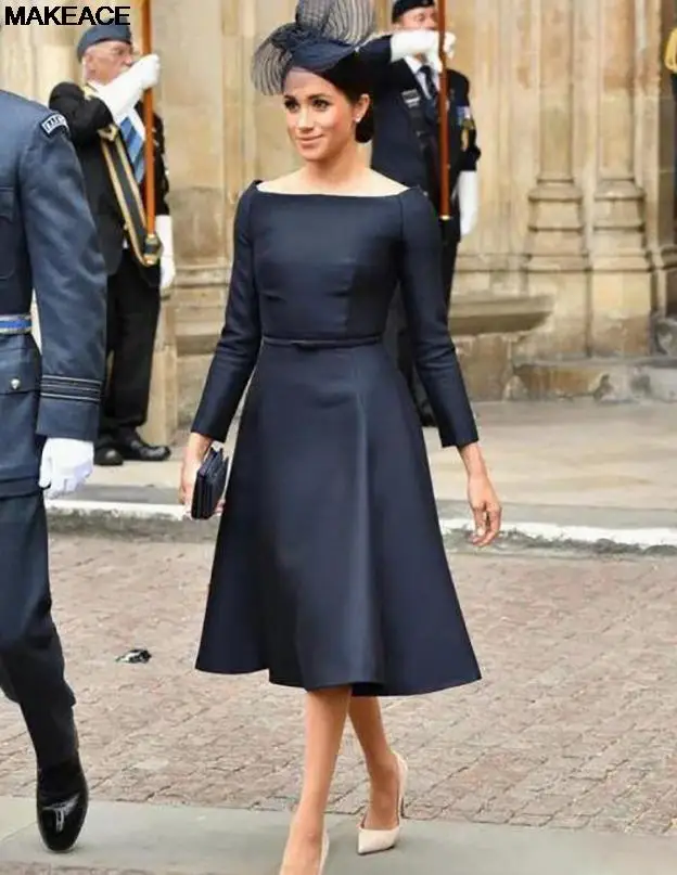 Meghan Markle Abiti da celebrità blu navy scuro Abiti da cerimonia convenzionali a-line maniche lunghe con fiocco Bateau Abiti da sera vintage