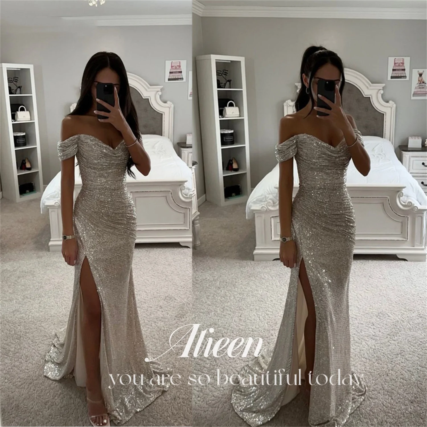 Aileen Sparkling Trumpet Prom Gown Shiny Off Shoulder Prom Dress Flashing فستان سهرة Sexy Side Split Fishtail Vestido De Novia