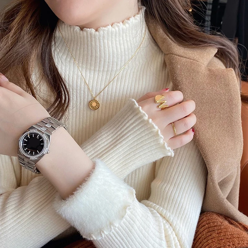 เสื้อสเวตเตอร์คอเต่าแต่งระบายสำหรับผู้หญิง ITOOLIN รุ่นฤดูหนาว ผ้าฟลีซหนานุ่ม อุ่นสบาย เก็บความร้อน เสื้อกันหนาวสำหรับผู้หญิง ผ้าแคชเมียร์