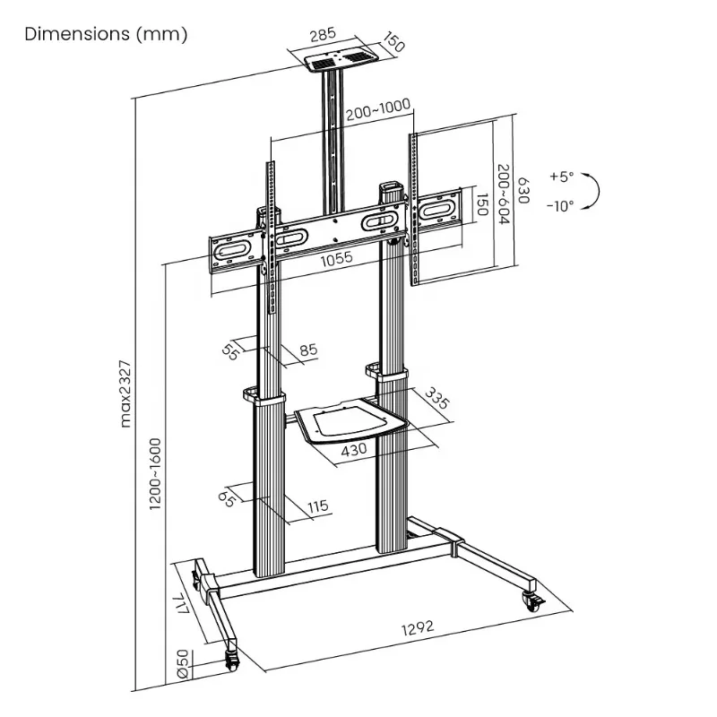 2026 Height Adjustable TV Cart Heavy-Duty Modern Rolling Aluminum Telescopic Mobile TV Stand With Wheels For Flat Screen 100 In