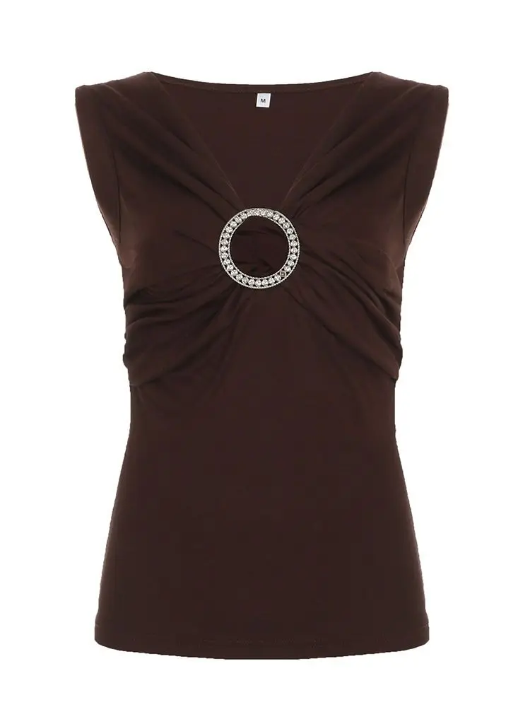 

Pure cotton round disc buckle brown pleated vest ancient spice girl deep V waist thin top summer Korean version to wear