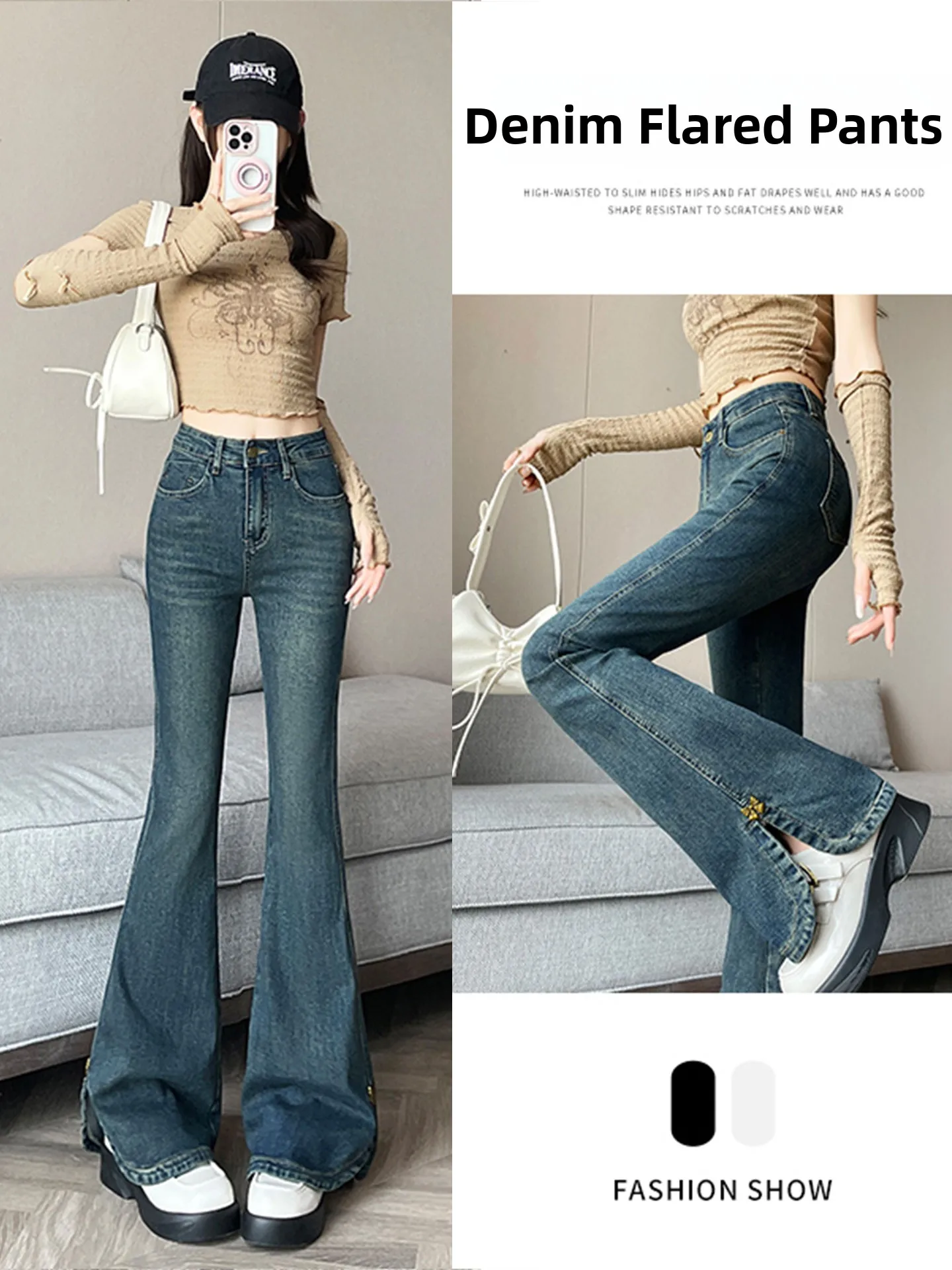 

High Waist Bell Bot Denim Jeans Women's Spring Autumn New Sle Slimming Straight Floor Length Hoof Pants Retro Split