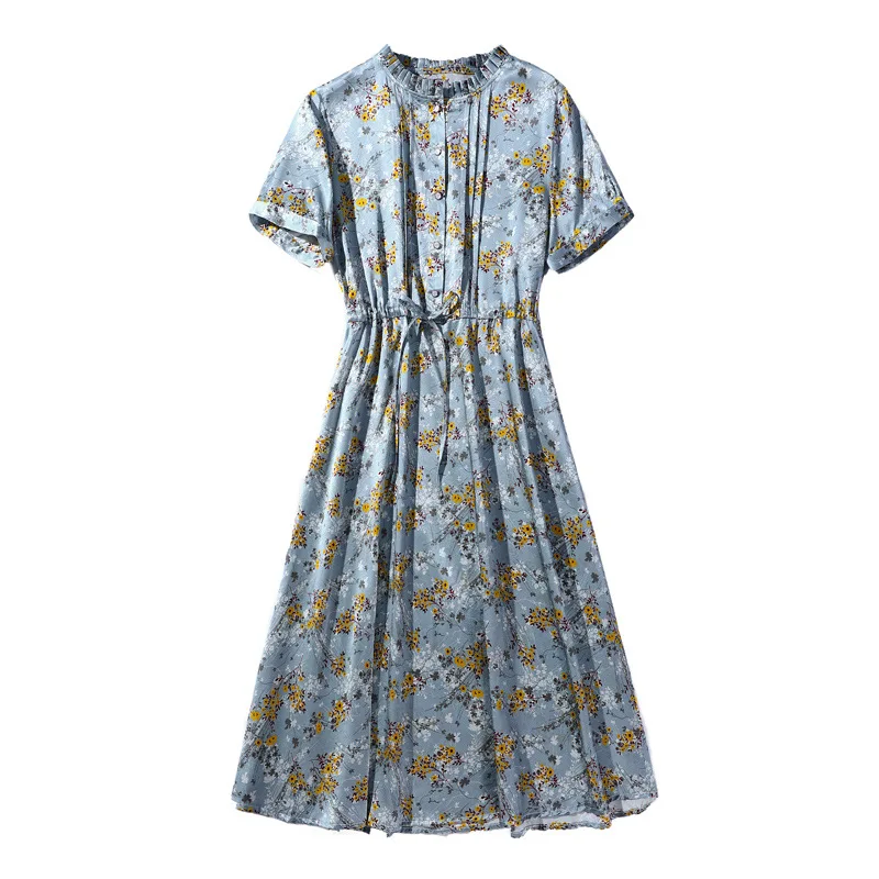 Birdree-Vestidos estampados de seda de morera para mujer, ropa elegante de manga corta con cordones, a la moda, para primavera y verano, D3D006QC, 91.2%