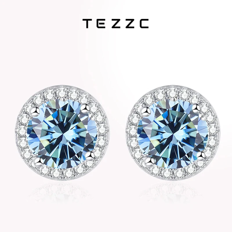 Tezzc Moissanite Stud Earrings for Women 925 Sterling Silver Green Blue Pink Red Black Blue Sparkling Moissanite Studs Earring