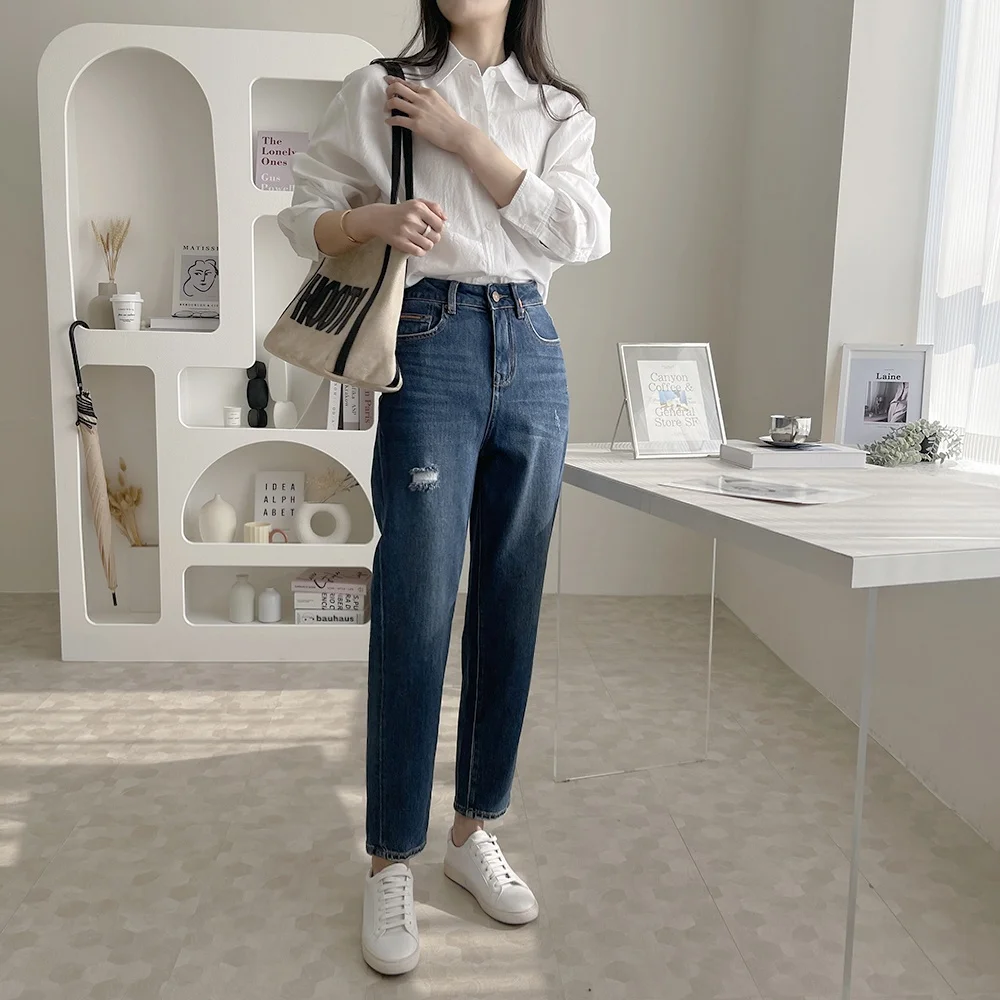 Calça Jeans Cintura Alta com Rasgos para Corpo em Formato de Pêra, Versátil, Longa, em Aodão, com Bolsos e Zíper, para o Ou...