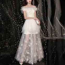 Women White Short Sleeve Elegant Evening Party Long Dresses Summer Sexy Off Shoulder Mesh Patchwork Slim Fit Maxi Dress Vestidos
