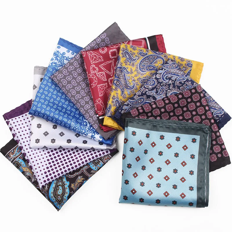 Men Silk Pocket Square Print Real Satin Small Square Scarf Gentleman Business Suit Shirt Chest Scarf Handkerchief 24*24cm