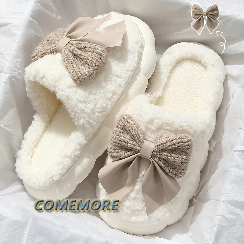 

Большой размер 41, милые плюшевые тапочки с бантом, новинка 2025 года, зимние женские элегантные меховые хлопковые тапочки, повседневная теплая домашняя напольная домашняя обувь