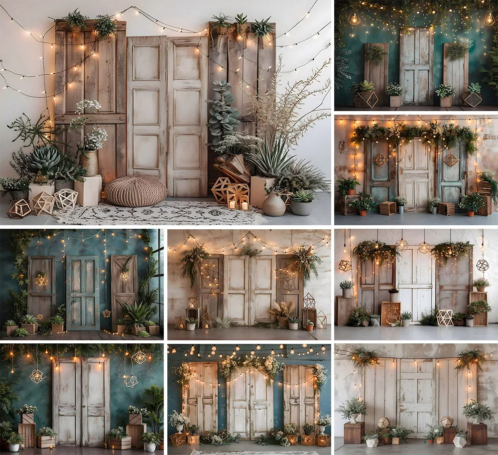 

Mehofond Photography Background Boho Rustic Door Green Plants Kids Birthday Party Maternity Portrait Decor Backdrop Photo Studio