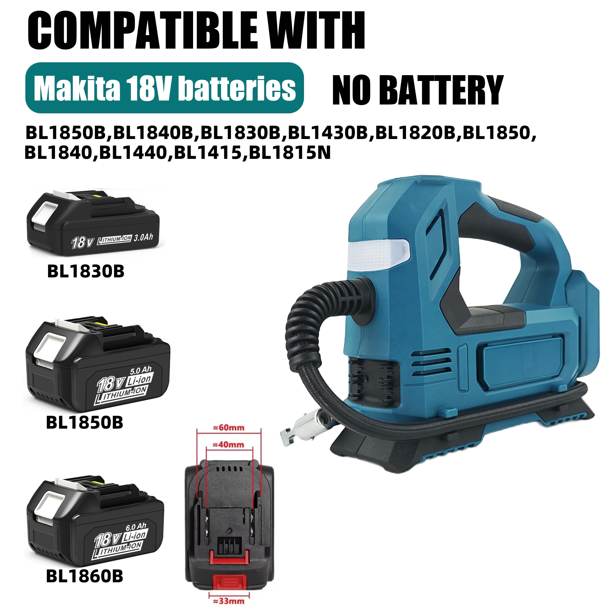 Elektryczna pompka powietrza, bezprzewodowa kompresor do opon samochodowych, pompka do pompowania, kompatybilna z Makita/Dewalt/Milwaukee 18V, bez akumulatora.