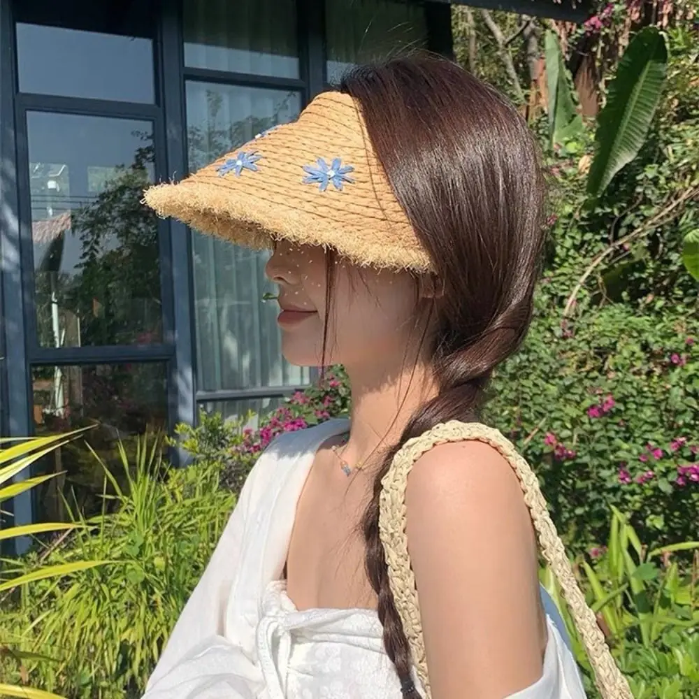 

Elegant UV Protection Lafite Straw Hat Weave Daisy Beach Hat Flower Boho Outdoor Visor Cap Spring