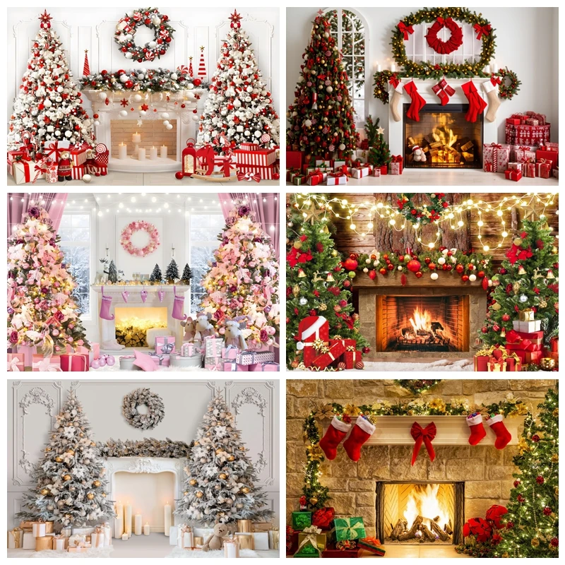 Christmas Fireplace Background for Photography Xmas Tree Wreath Gifts Interior Room Kids Family Party Decor Backdrop Photo Props