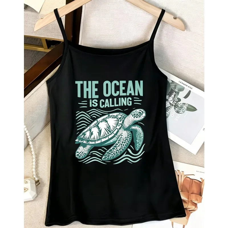 Women Vintage Orca Killer Whale Ocean Marine Life Graphic Cami Tank Top Jellyfish Turtle Seashell Print Summer Casual Top