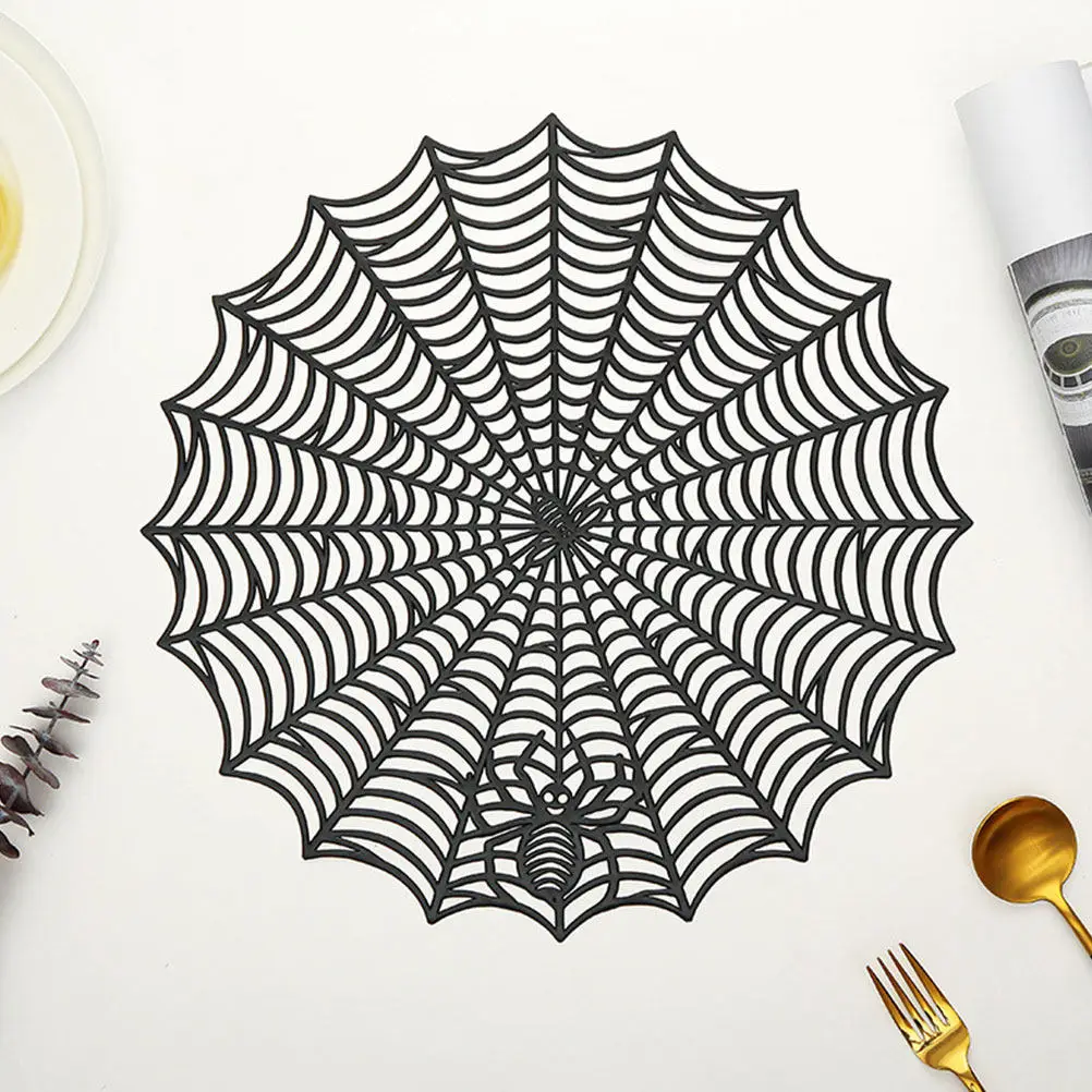 6Pcs Halloween Table Placemats Spider Web Hollow Out Design Reusable Dining Mat Heat Insulation Bowl Mat Coaster Set