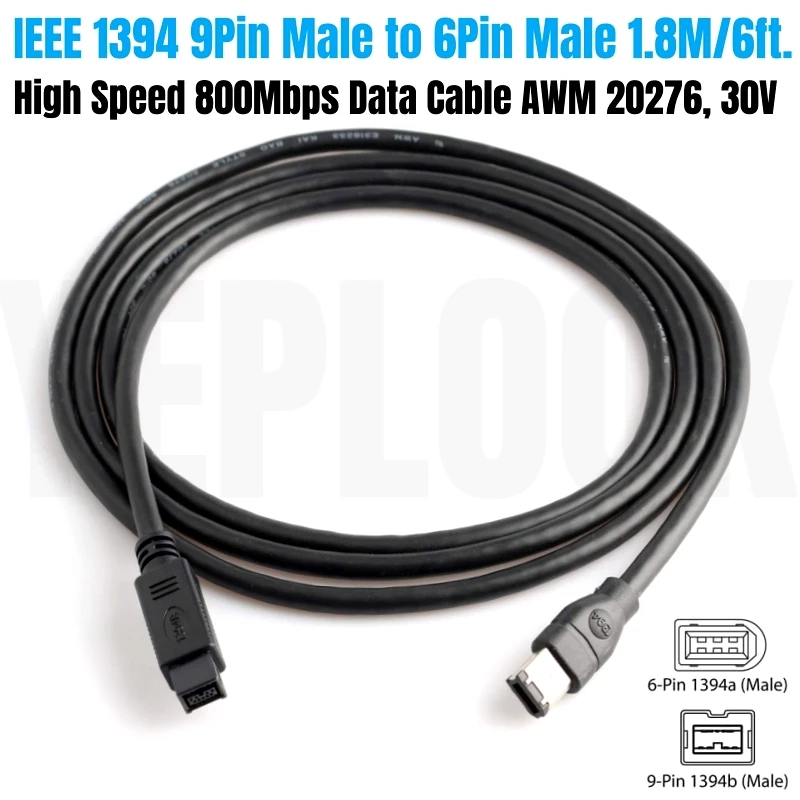 

Firewire 800 to 400, IEEE 1394 1394b 9Pin Male to 1394a 6Pin Male 800Mbps Data Cable 1.8M/6ft. for DV, Camera, Printer, Scanner