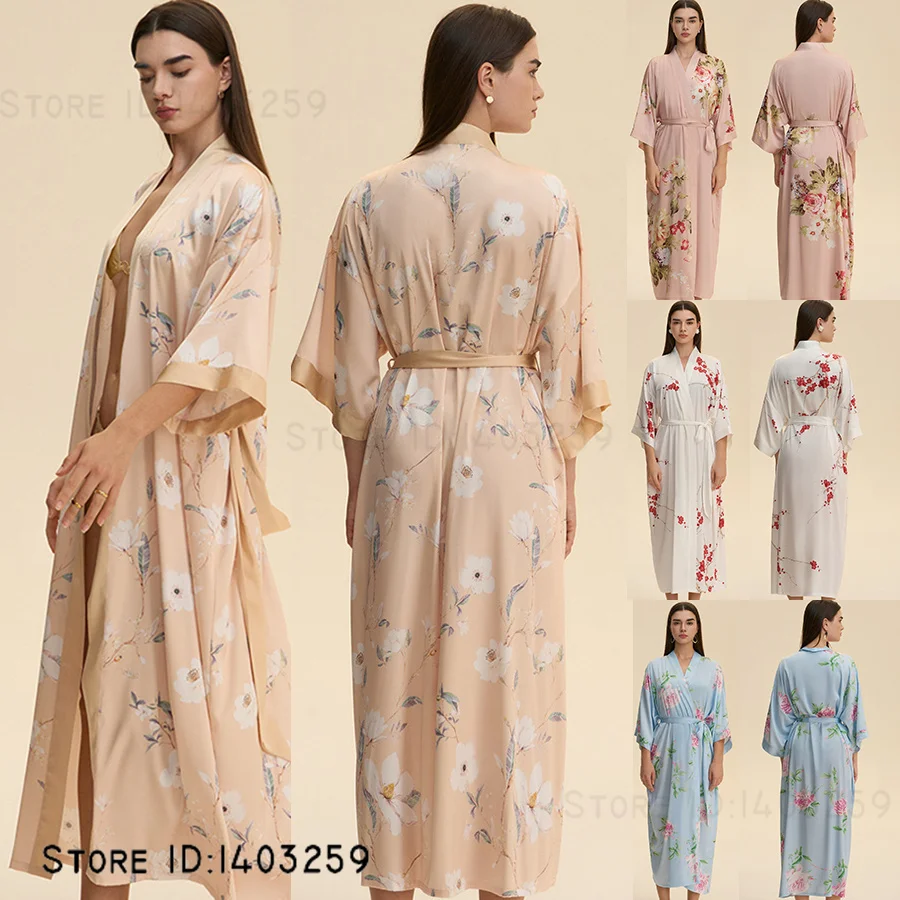 طباعة زهرة الإناث رداء طويل ملابس خاصة فستان سهرة مثير الحرير الجليد كيمونو البشكير ثوب فضفاض ملابس منزلية غير رسمية المتسكعون الملابس الداخلية