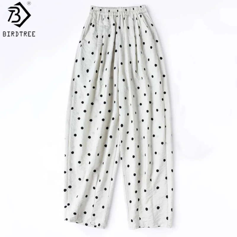 Birdtree, 76% Silk 24% Nylon Pants, Dot Printed, Women Dry Silk Casual Harem Trousers, Elastic Waist, 2026 Summer New P66717JF