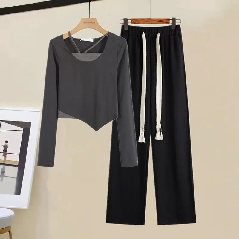 Fashion Suit Women\'s 2023 New Spring and Summer Irregular Long-sleeved Slim Top+casual Mopping Wide Leg Pants Two-piece Set