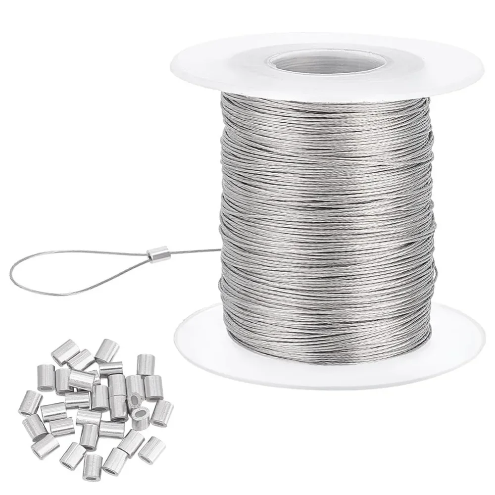 

328 Feet 0.5mm Heavy Picture Hanging Wire Steel Wire with 30 pcs Aluminum Loop Sleeve for Mirrors Frames Load Capacity 9.7LB