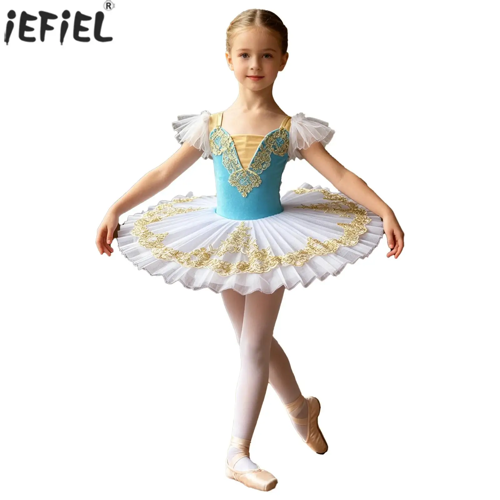 Kids Girls Ballet Dance Performance Costume Spaghetti Strap Applique Tulle Tutu Leotard Ballerina Dancewear Fairy Princess Dress