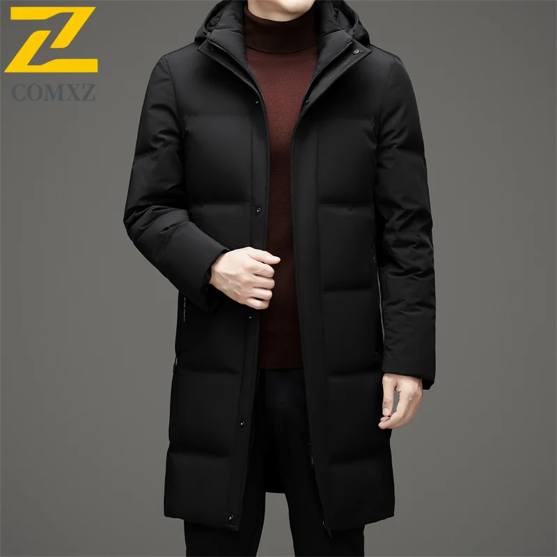 COMXZ Men Long Down Jacket High Quality Outdoor Work Lightweight Padded Jacket Trendy Detachable Hood Business Warm Winter Parka