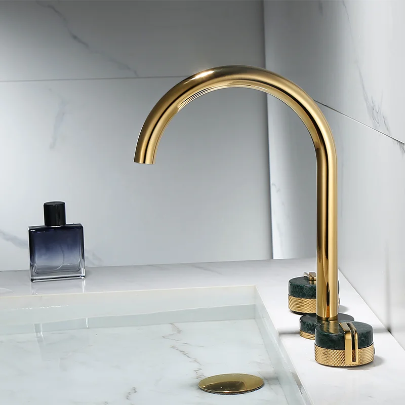 Bathroom Basin Sink Faucets Brass Widespread Mixer Tap Copper Hot & Cold Lavatory Crane 3 Hole Gold Deck Mounted Double Handle