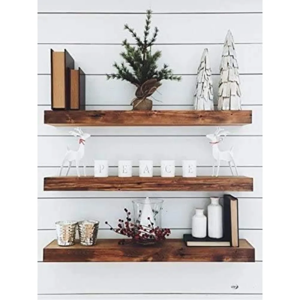 Wooden Floating Shelves-Wall Decor for Home Kitchen, Bathroom - Rustic Pine Custom Office Organizer with Mounting Brackets