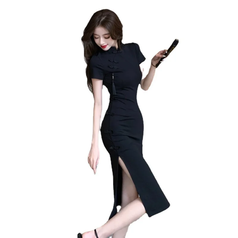 Summer Retro Chinese Dress Black Elegant Traditional Modern Temperament  Long Dress Carnival Dresses Up Outfit Party