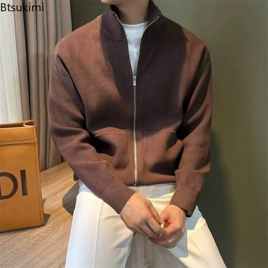 High Quality Men's Solid Zipper Casual Sweater Cardigan Autumn Winter England Style Stand Collar Versatile Knitted Sweater Coats