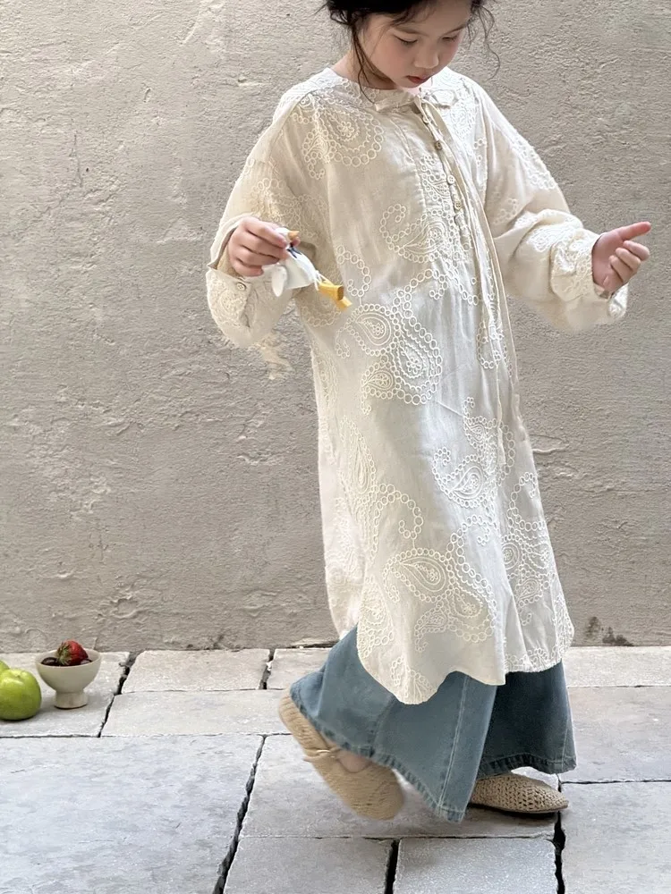 

2025 Spring Autumn New Girls Embroidered Dress Girls Three Dimensional Embroidered Retro Long Sleeve Dress
