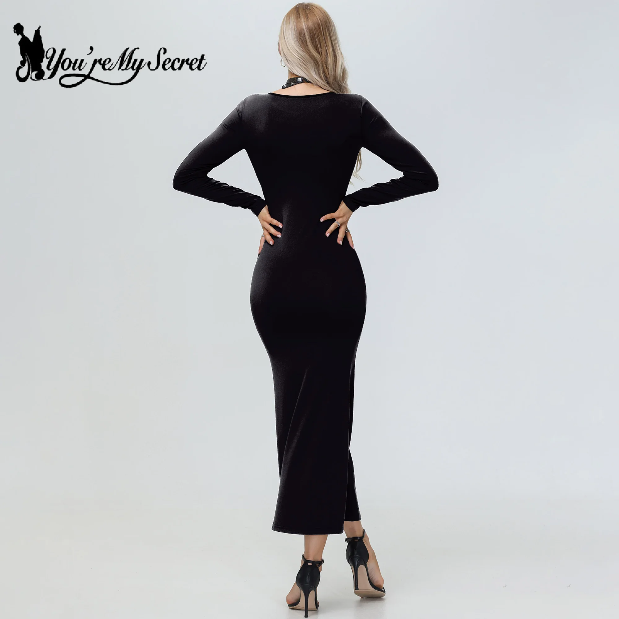 [You\'re My Secret] Halloween Gothic Skeleton Print Party Long Sleeves Bodycon Dresses For Women Vintage Dress Clubwear Vestidos