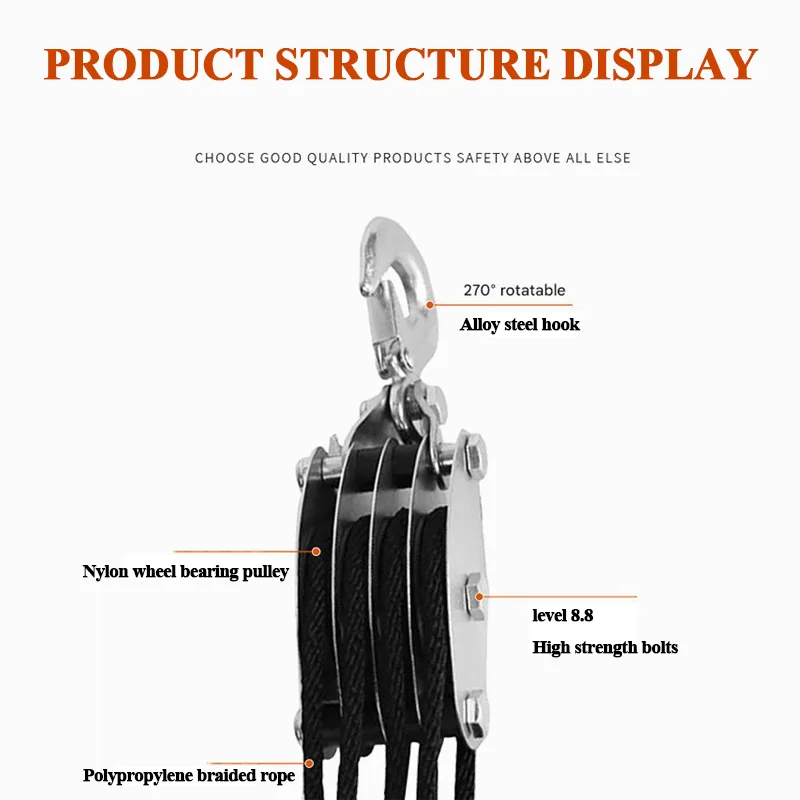 270 °   Bloque de polea de cuerda giratoria, gancho de aleación, grúa de mano, polipasto de alta resistencia, dispositivo de elevación Manual, instalaciones de elevación