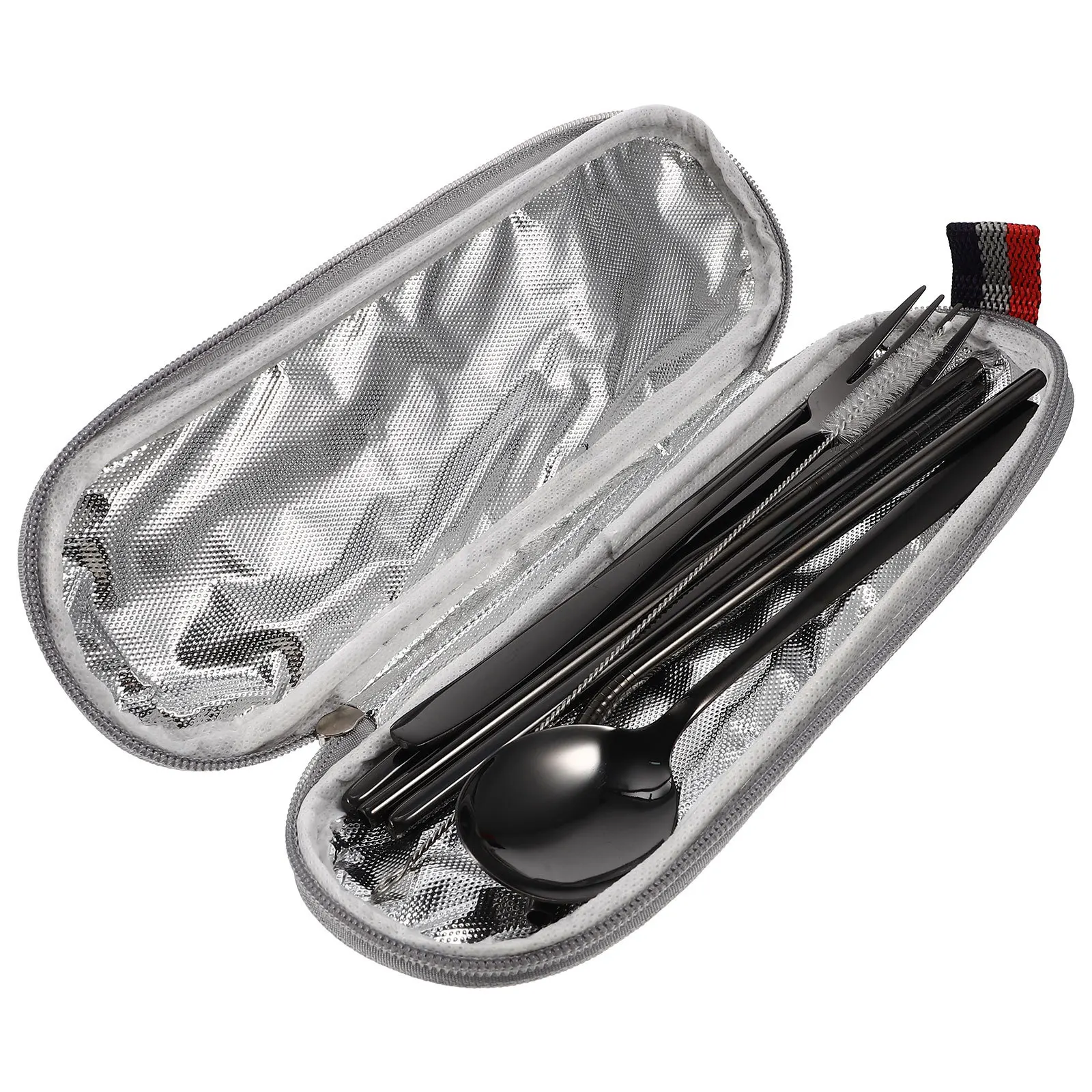 

1 Set Portable Tableware Set Stainless Steel Fork Spoon Chopsticks Straw Cleaning Brush Storage Bag For Travel Camping Outdoor