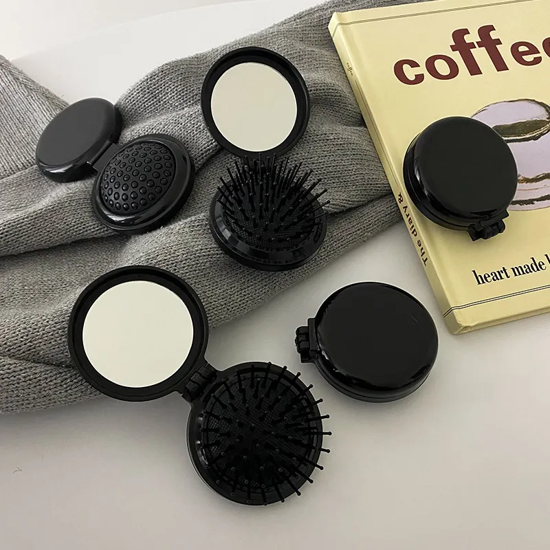 Head Massager Mirrors Anti-static Styling Accessories Portable Travel Black Mini Folding Hair Brushes Comb Special for Real Hair