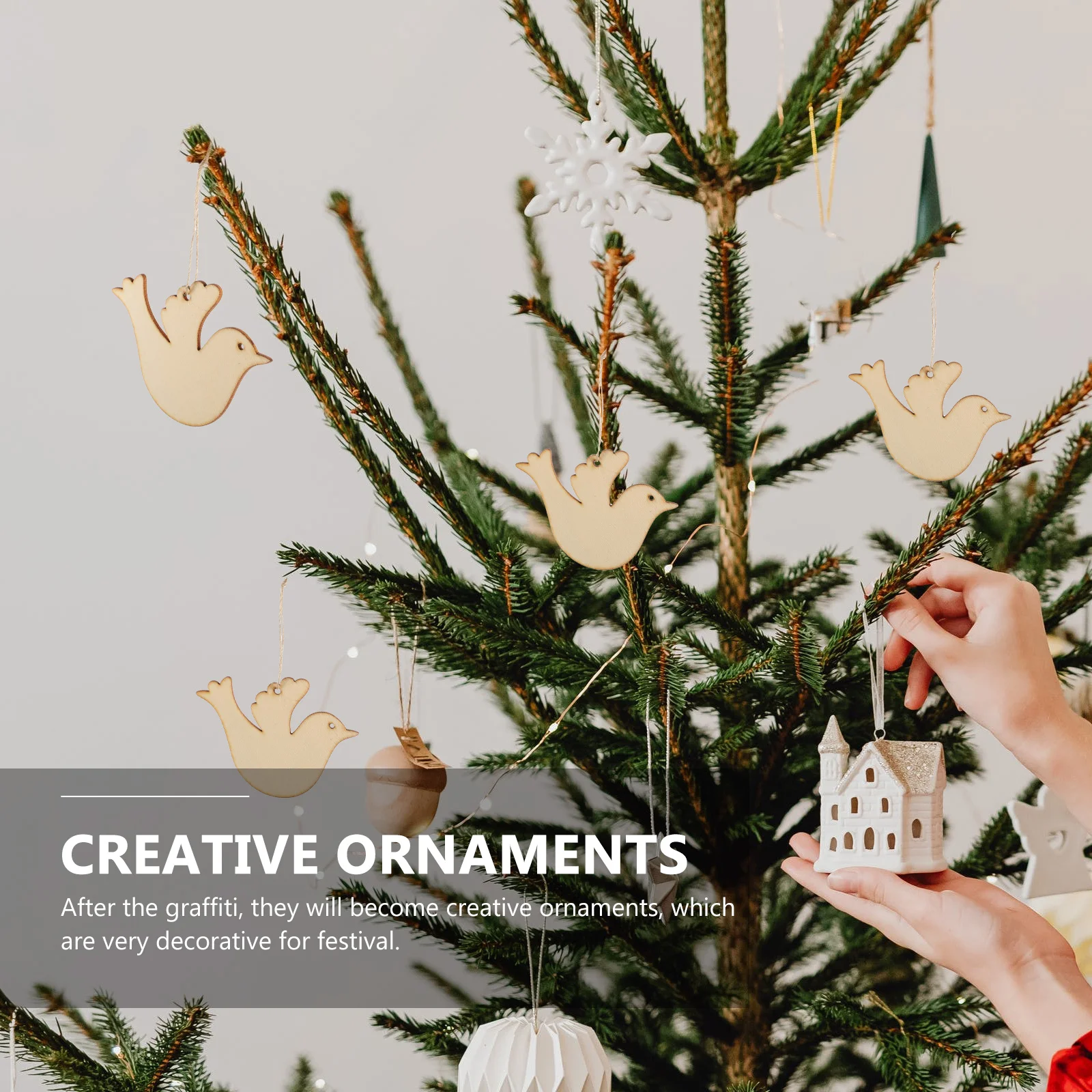 

50pcs Wooden Christmas Birds Hanging Ornaments Beige Color DIY Craft Supplies Unfinished Bird Shaped Cutouts Holiday Decorations