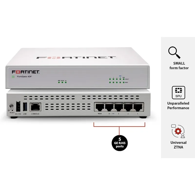 FortiGate-40F Firewall Appliance - 5 Gigabit Ethernet RJ45 Ports, Ideal for Small Businesses (Appliance Only, No Subscription)