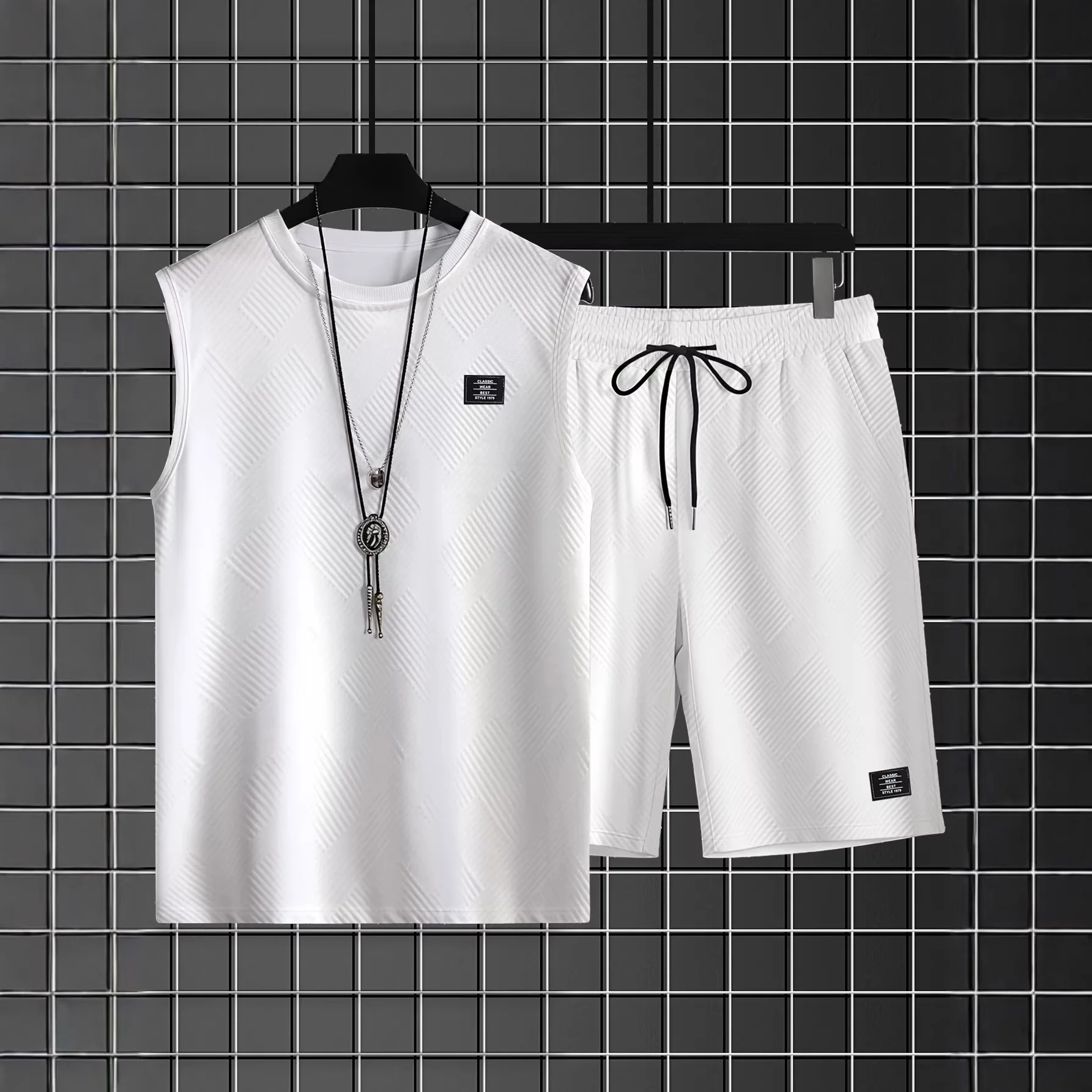 

Men Summer Jacquard Sleeveless Vest Drawstring Shorts Set Casual Streetwear Fashion Solid Texture Knit Two Piece Outfit Daily We