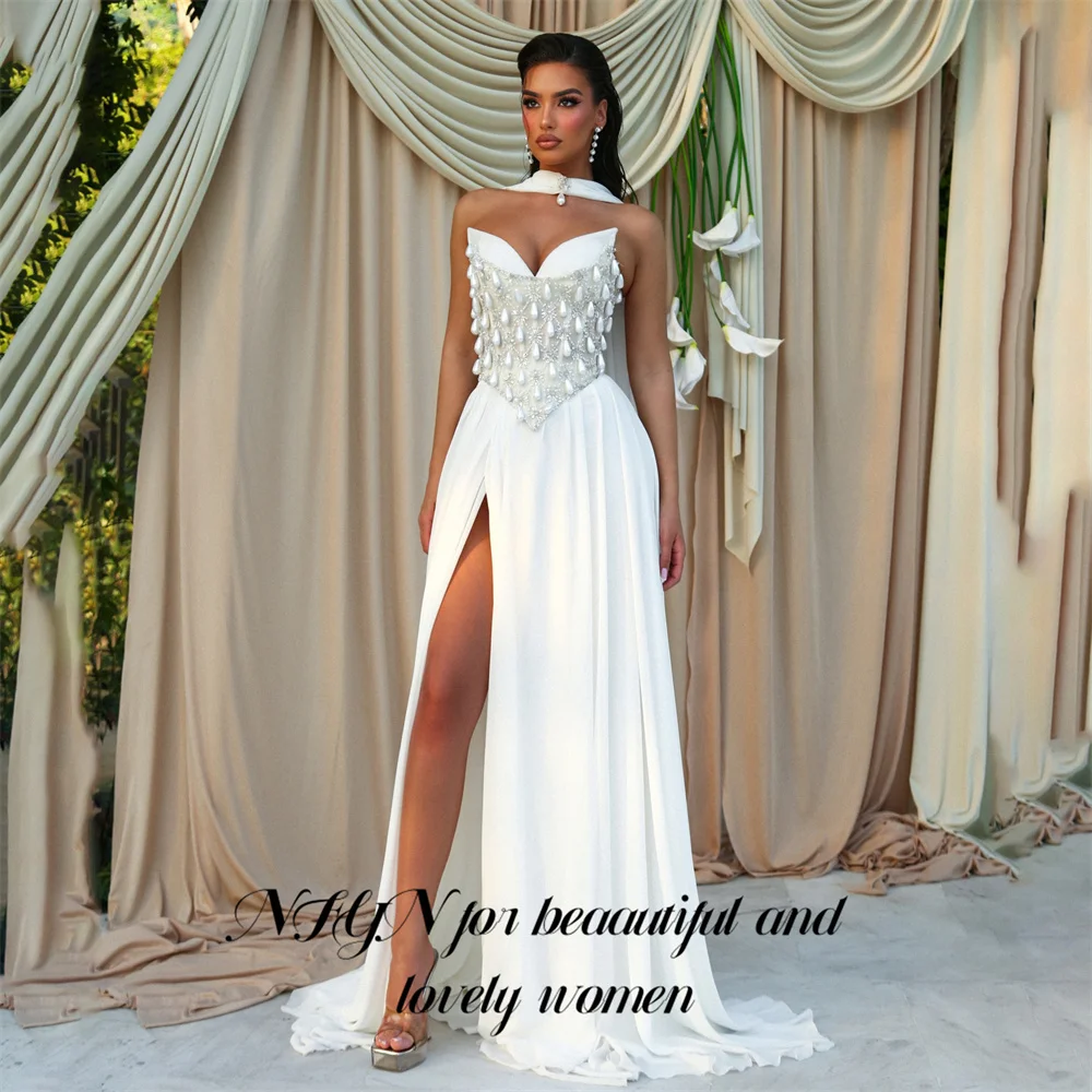 NFYN White Party Dresses Strapless Draped Neck Scarf Evening Dresses Beading On Chest Prom Gown A Line فساتين سهره Customized