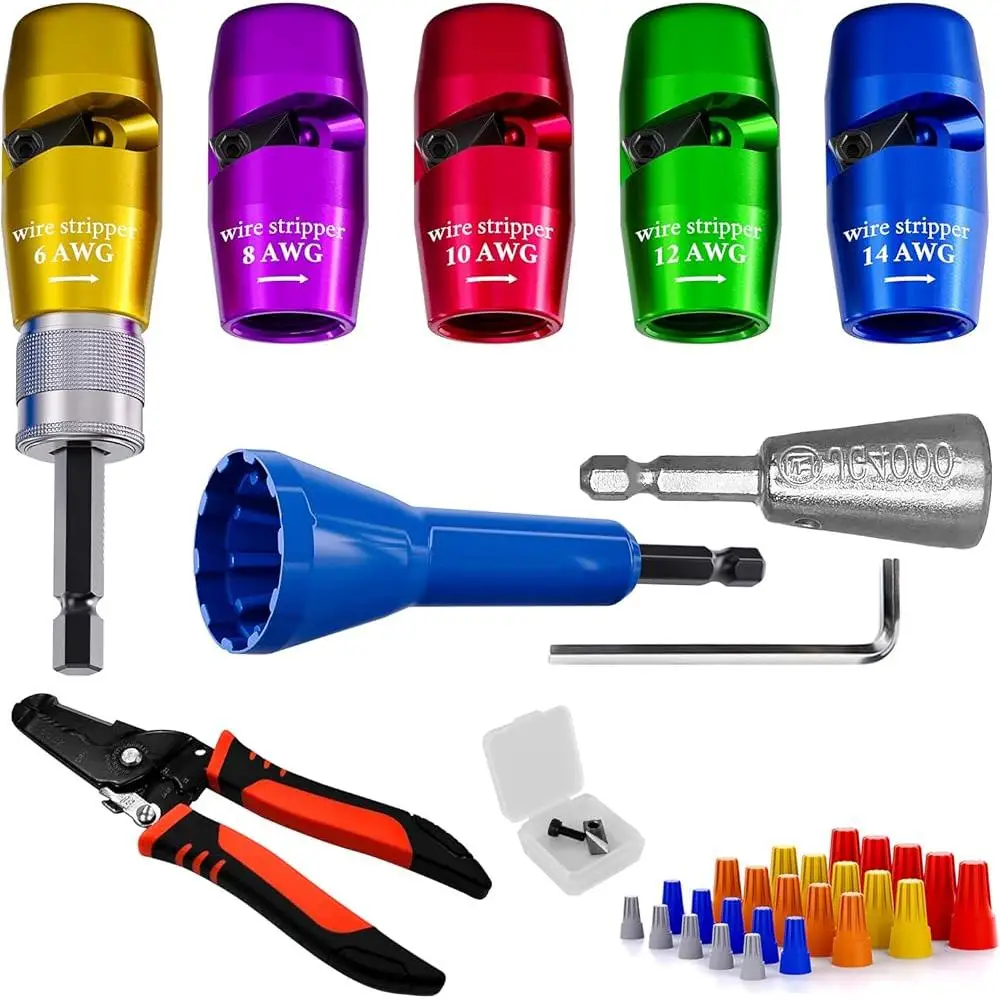 Electric Wire Stripper Drill Tool Set Cable Stripping Twisting Crimping 14-6 AWG Wire Connectors Professional Electrician Kit