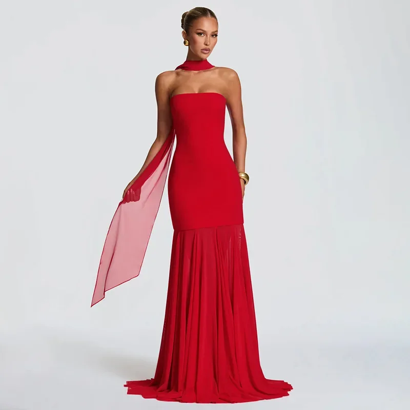 

Elegant Women's Ribbon Red Strapless Long Dress Vintage Off Shoulder Mesh Patchwork Maxi Dresses Evening Wedding Guest White New