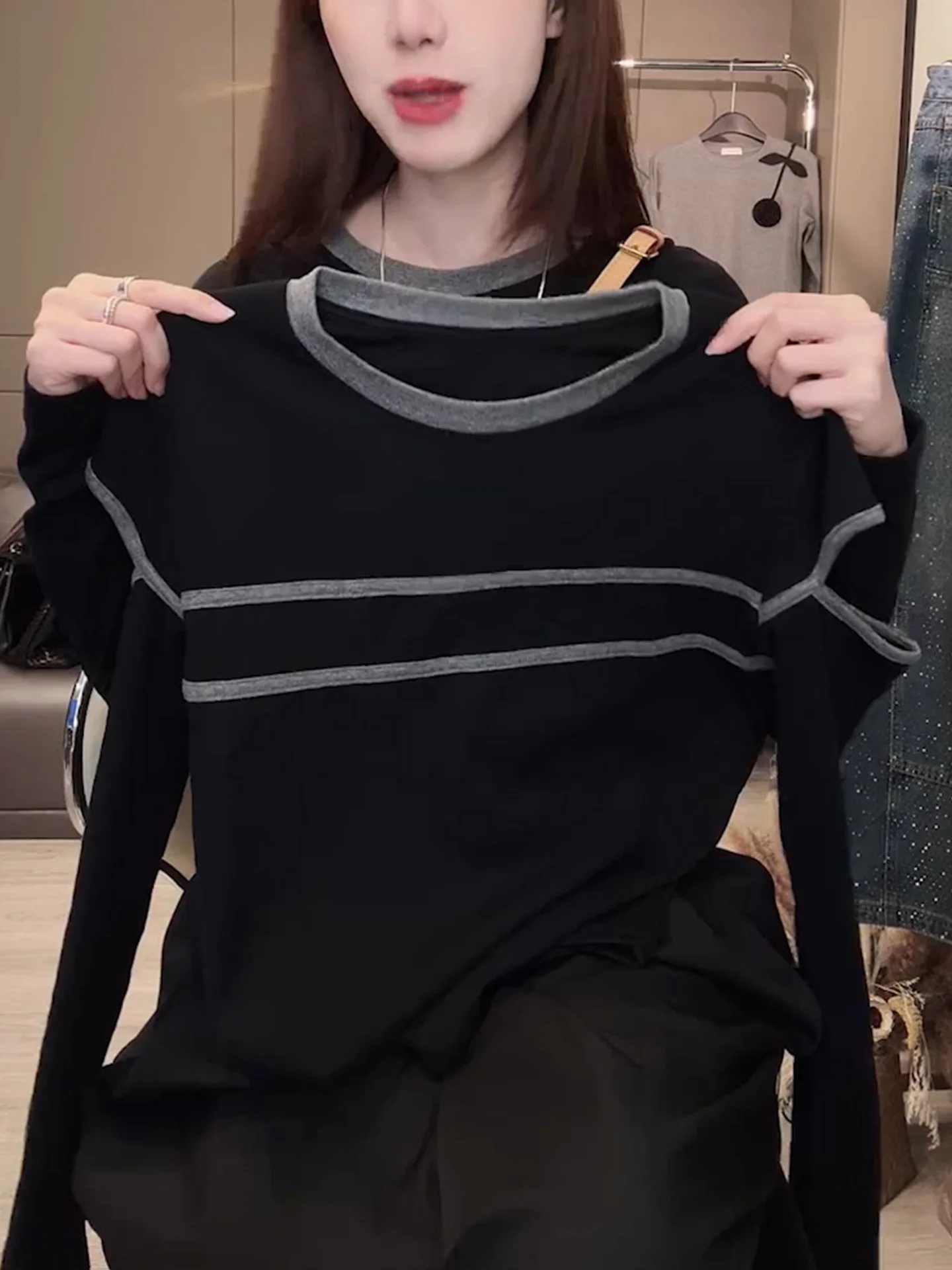 슬리밍 긴팔 티셔츠 패셔너블한 가을 착용 컬러 블록 디자인 베이스 레이어 셔츠 스타일리시한 탑 한국 스타일 출퇴근복