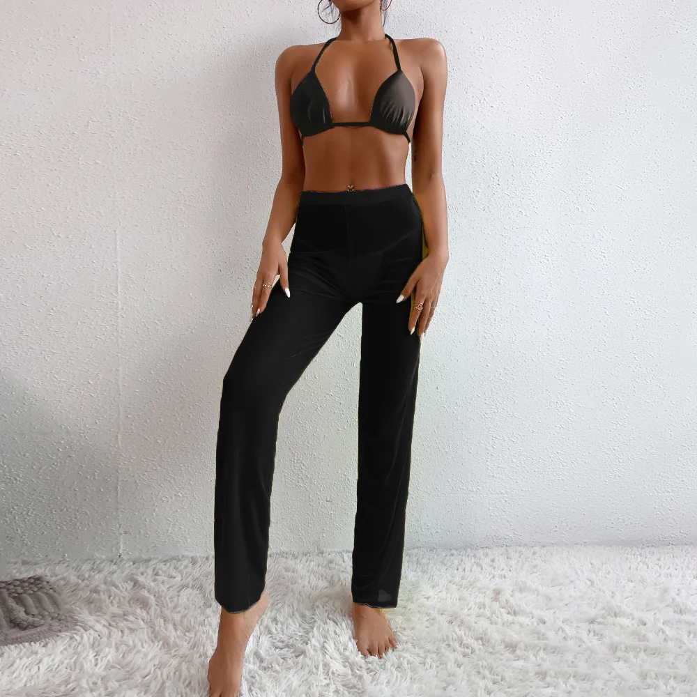 Conjunto de Bikini de tres piezas para mujer, traje de baño con cuello Halter, pantalones transparentes con ajuste de cuerda, microbañador triangular, ropa de playa para verano, 2023