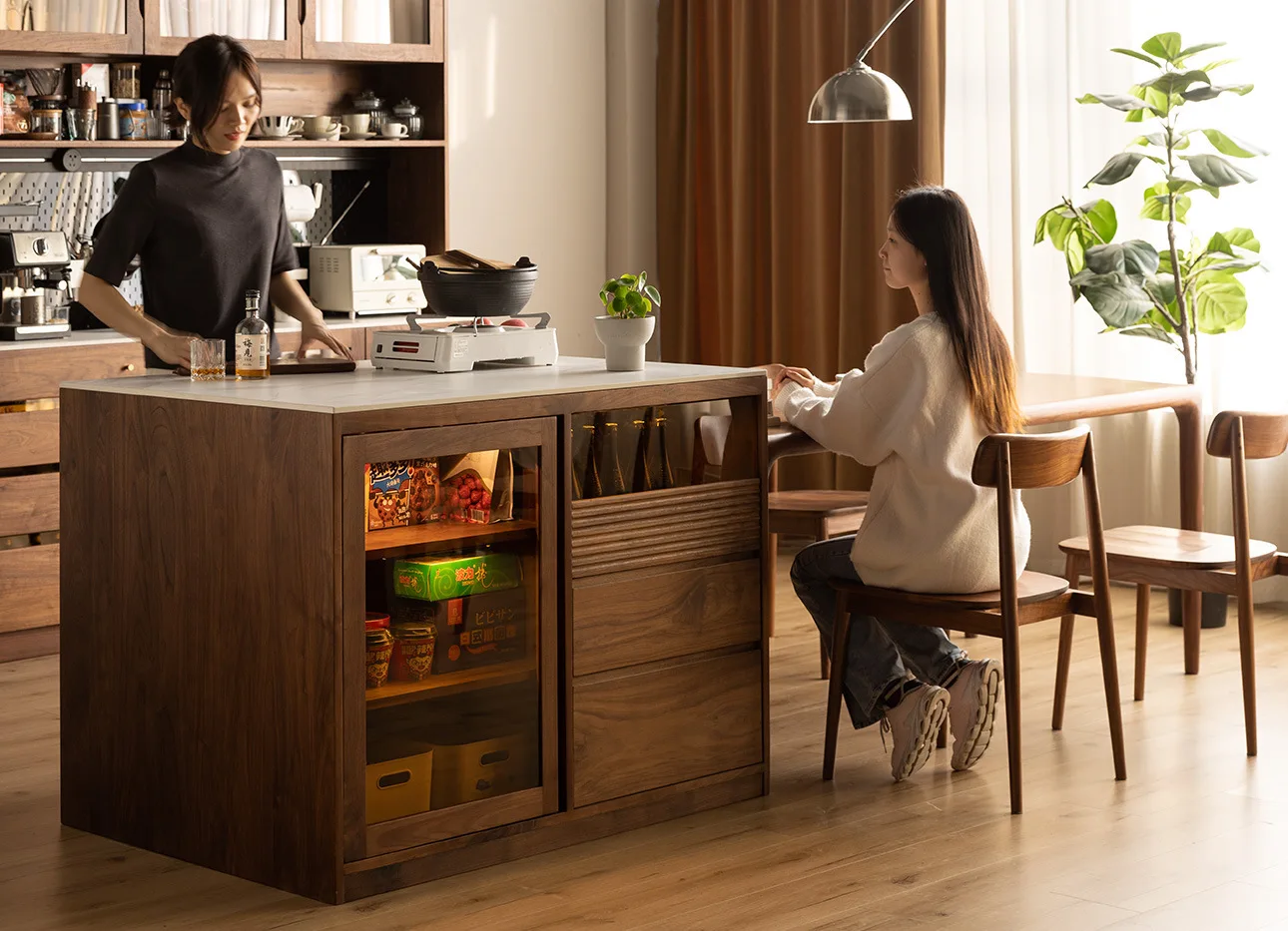 All solid wood island, black walnut island bar, solid wood kitchen living room bar display cabinet